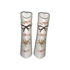 Vintage Lefton Japan Hand Painted Floral Cottage Heart Shape Bud Vases Set Of 2
